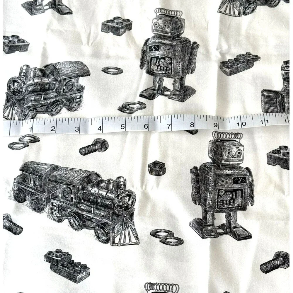 Robots Trains Bolts Black Off White Fabric Boys Cotton Quilt Fabric BTY